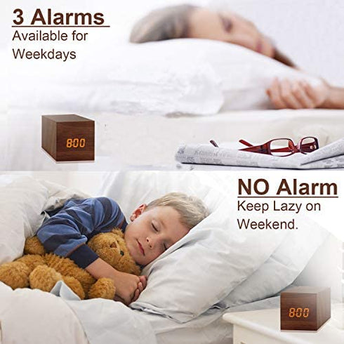 Digital Alarm Clock, with Wooden Electronic LED Time Display, 3 Alarm, 2.5-inch Cubic Small Mini Wood Made Electric Clocks for Bedroom, Bedside, Desk, Brown