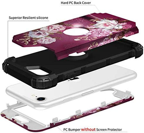 Hocase iPhone SE 2022 Case, Heavy Duty Shockproof Protection Hard Plastic+Silicone Rubber Hybrid Protective Case for iPhone SE 3rd Generation 2022/2nd Gen 2020 (4.7") - Purple Flowers