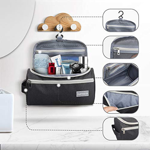 Pantheon Men's Toiletry Bag - Travel Toiletry Bag Wash Bag Hanging Dopp Kit Shaving Kit for Bathroom Shower - Mens Travel Bag Hanging Toiletry Organizer Toiletry Kit for Traveling (Black)