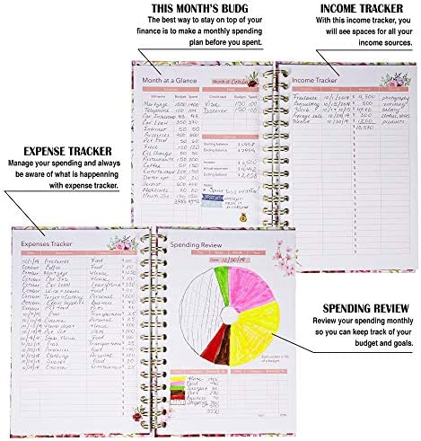 Budget Planner Organizer (Non-Dated) - Monthly Income and Expense Tracker with Back Pocket for Receipts and Bills Bundled with Cash Envelops and Stickers - A5 Size Pink Floral Hardcover
