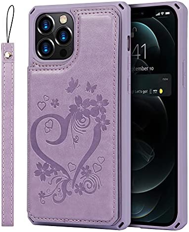 Jaorty for iPhone 12 Pro Max Wallet Case with RFID Blocking Card Holder for Girls Women,Premium PU Leather Magnetic Buttons Stand Flip Wrist Strap Case for iPhone 12 Pro Max 6.7 Inch,Heart Purple