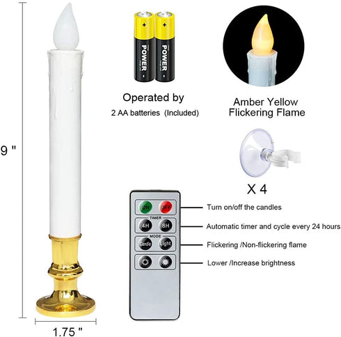 DRomance 9" White Flameless LED Flickering Window Taper Candles Battery Operated with Remote and Timer, Set of 4 Christmas Window Candles Gold Holders, Suction Cups and Battery Included
