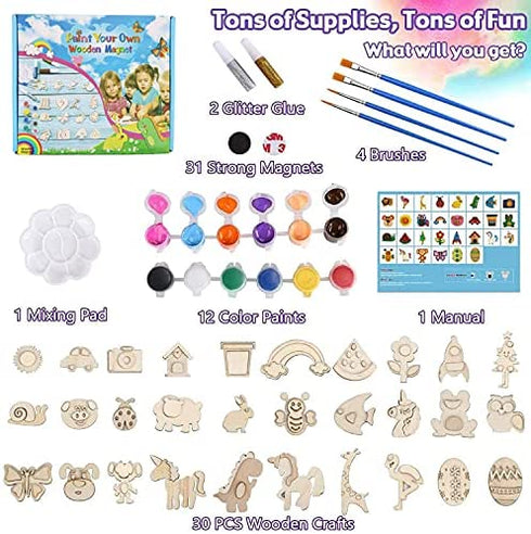 CHOKMAX Paint Your Own Wooden Magnet, 30pcs Fridge Wood Magnets Craft and Art Painting Supplies for Kids Best DIY Creativity Gifts Party Favors for Boys and Girls Age 4-8