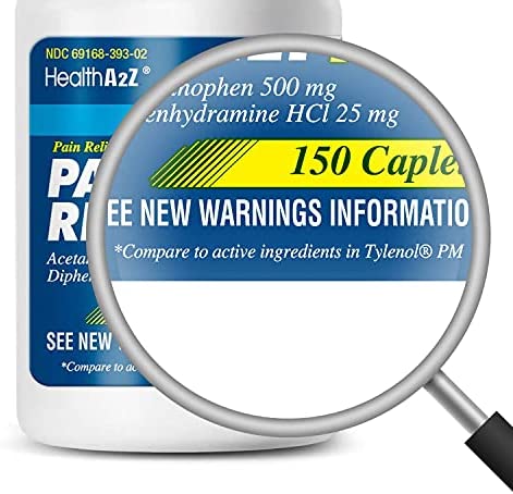 HealthA2Z® Extra Strength Pain Relief PM | 150 Caplets | Acetaminophen 500mg | Diphenhydramine 25mg | Pain Reliever & Nighttime Sleep Aid | Non-Habit Forming | Compare to Tylenol PM Active Ingredient
