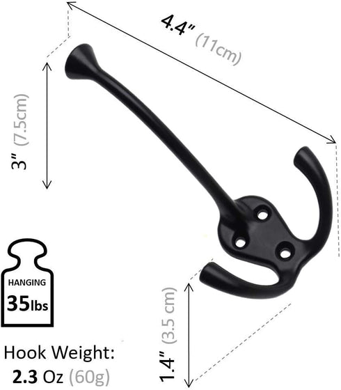 HARPOON 5 Pack Heavy Duty Three Flared Prongs Coat Hooks, Wall Mounted with 15 Screws, Retro Tri-Hook, Utility Hooks for Scarf, Bag, Towel, Key, Cap, Cup, Hat (Black)