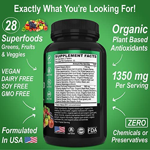 Organic Superfood Greens & Fruit Supplements - Energy Super Food Fruits and Veggies Supplement Tablets - Daily Green Veggie Powder Blend Plus Vegetable Foods Alfalfa, Spinach, Cabbage & Spirulina Tabs
