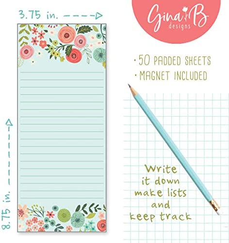 Set of 2- Teal/Coral Flowers List Pad, Notepad, Shopping List with Attachable Magnet