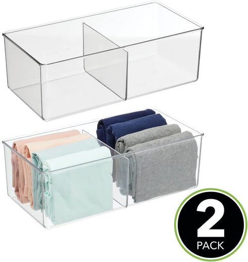 mDesign Plastic 2 Compartment Divided Drawer and Closet Storage Bin - Organizer for Scarves, Socks, Bras, and Underwear - Dress Drawer Organizer, Shelf Organization -2 Pack - Clear