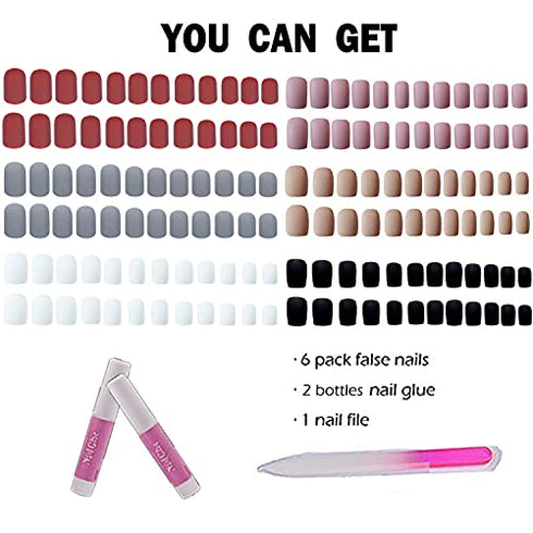 6 Packs (144 Pcs) Matte Short Square Press on Nails, Acrylic Short False Nails Full Cover Set Artificial Nails Fake Solid Color with Glue Nail File for Women…