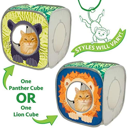 Kitty City Safari Play Cubee, Cat Cube, Play Kennel, Cat Bed, Jungle Cat House, Multicolor, 15 H x15 W inches