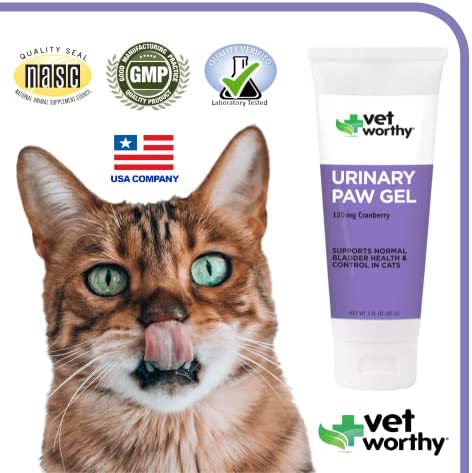 Vet Worthy Urinary Paw Gel for Cats - Cat Supplement to Support Healthy Urinary Tract and Bladder Health - Feline Supplement with Cranberry Extract, L-Lysine and Vitamin C - Salmon Flavor, 3oz
