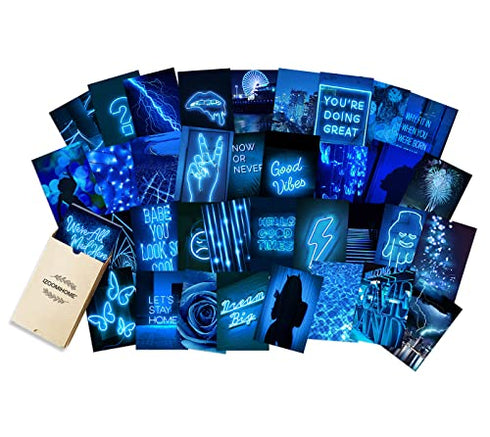 Blue Neon Wall Collage Kit Aesthetic Pictures, Aesthetic Room Decor, Bedroom Decor for Teen Girls, Wall Collage Kit, VSCO Room Decor, Photo Wall, Aesthetic Posters, Collage Kit