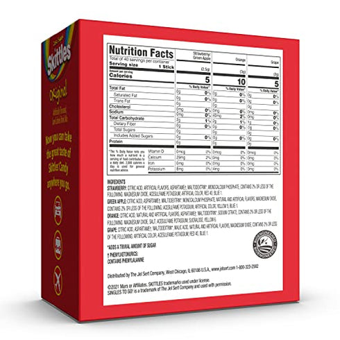 Skittles Singles To Go Variety Pack, 40 Count, Powdered Drink Mix, Zero Sugar, Low Calorie, Includes 4 Flavors: Green Apple, Strawberry, Grape, Orange, 40 Total Servings