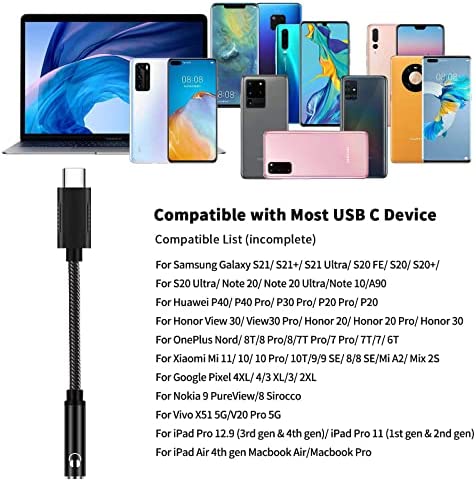 USB C to 3.5mm Headphone Adapter, ACAGET USB Type C Dongle Audio Jack Converter DAC Chip Braided Cable Aux Earbuds Adapter for Samsung S21+ Ultra S22 S20 FE Galaxy A53 OnePlus 9 10 Pro Pixel 6 7 Black