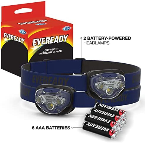 Eveready LED Headlamps (2-Pack), Bright and Durable Head Lights for Running, Camping, Fishing, Emergency (Batteries Included),Navy Blue (2-Pack),Adjustable