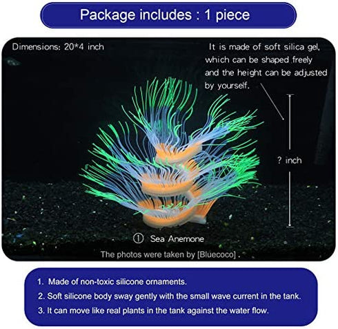 Bluecoco Soft Silica Gel Moves Naturally with Water Flow, Aquarium Decorations Glow in The Dark, Glowing Coral Ornaments for Fish Tank Decorations (Green, Anemone)