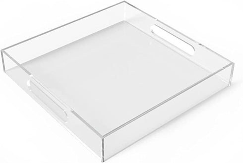 Clear Acrylic Ottoman Tray with Handles -12x12x2 Inch- Decorative Serving Trays for Appetizer,Breakfast -Countertop Organizer Storage Tray for Kitchen,Bathroom,Living Room