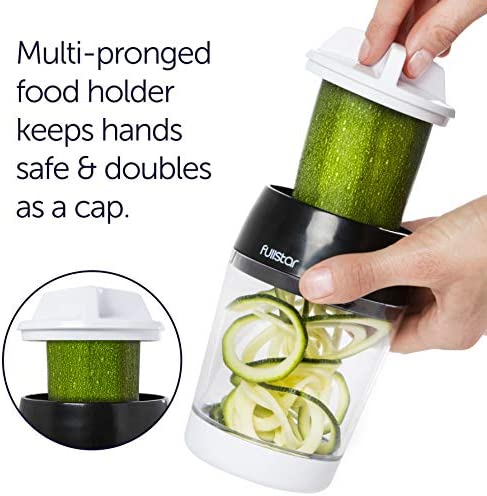 Fullstar Vegetable Spiralizer Vegetable Slicer - 4 in 1 Zucchini Spaghetti Maker Zoodle Maker Veggie Spiralizer Adjustable Handheld Spiralizer Zucchini Noodle Maker Zucchini Spiralizer with Container