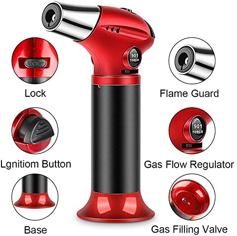 Blow Torch, Professional Kitchen Cooking Torch with Lock Adjustable Flame Refillable Mini Blow Torch Lighter for BBQ, Baking, Brulee Creme, Crafts and Soldering(Butane Gas Not Included)