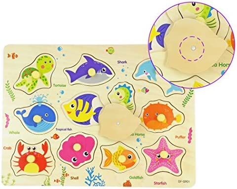 Wooden Peg Puzzle, Sea Creature Chunky Baby Puzzles, Colorful Wood Shape Puzzle Peg Board, Animal Knob Puzzle for Educational Toddlers 18 Months and Up, 11 Pieces