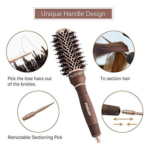 FIXBODY Round Hair Brush with Boar Bristles, Nano Thermal Ceramic, Ionic Tech and Anti-Static, Roller Hairbrush for Blow Drying, Curling, Straightening (2.5 inch, Barrel 1.25 inch)