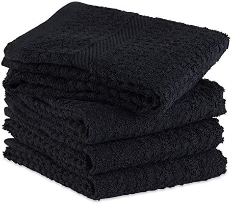 DII Basic Terry Collection Waffle Dishtowel Set, 15x26, Solid Black, 4 Piece