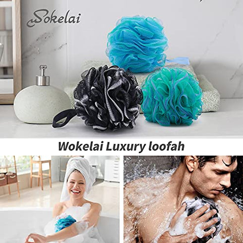 Shower Loofah Sponge Bath puff Large 75g XL for Women Men Kids Soft Mesh Pouf Body Scrubber Gentle Exfoliating shower Ball Buff Luffa with Bamboo Charcoal for Silky and Smooth Skin Cleansing 3pack
