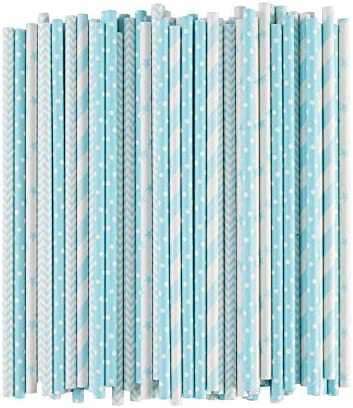 ALINK Biodegradable Light Blue White Paper Straws, Pack of 100 Party Straws for Juice, Cocktail, Smoothies, Birthday, Wedding, Bridal/Baby Shower and Christmas Decorations Supplies