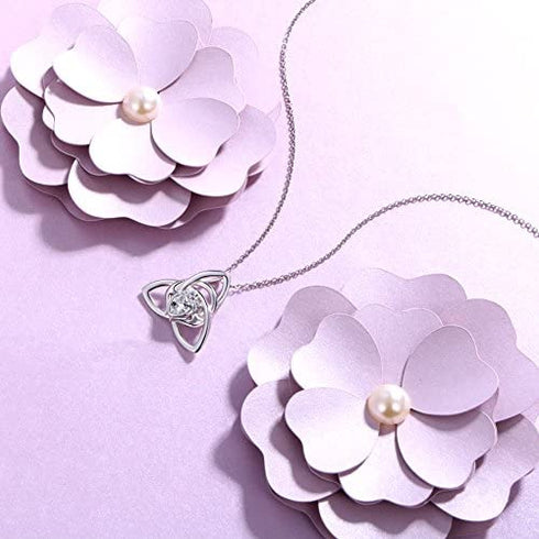 FLYOW 925 Sterling Silver Good Luck Irish Claddagh Celtic Knot Love Heart Pendant Necklace for Women Ladies Teen Girls Valentine's Day Gift, 18 Inch Rolo Chain