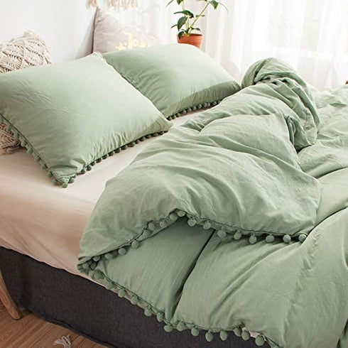 Sage Green Pom Poms Pillowcases, Green Standard Pillow Cases Set of 2, 100% Washed Microfiber, Dark Sea Green Ball Fringe Pillow Cover, 2 Pack (Queen, Sage Green)