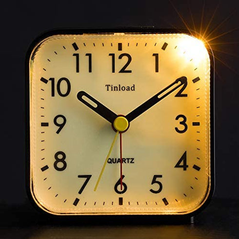 Tinload Night Light Analog Alarm Clock Silent Non Ticking, Ascending Beep Sounds, Snooze, Manual Light, Battery Operated,Small (Black)