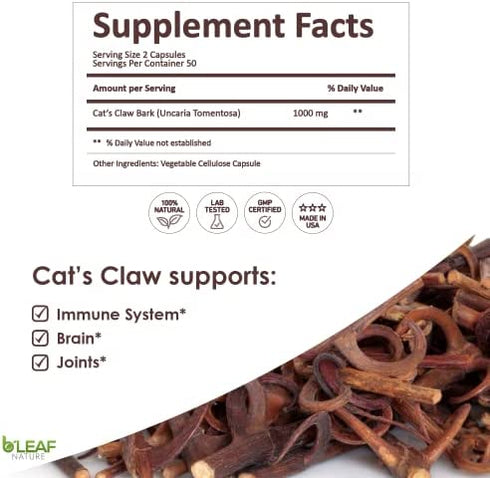 Cat’s Claw Capsules – Peruvian Uña de Gato - Immune Support – Joint Support – Brain Health Support - 1000mg per Serving (Uncaria Tomentosa) - 100 Vegetarian Capsules by B’Leaf Nature