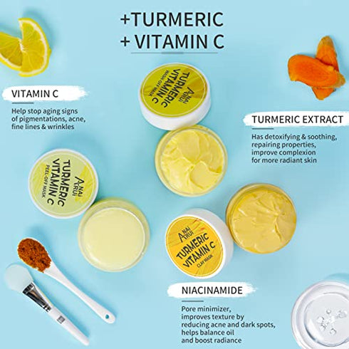 ANAI RUI Turmeric Vitamin C Facial Mask 3-in-1 Travel Mini Kit - Clay Mask, Peel Off Mask, Wash-Off Cream Mask, for Acne & Dark Spots, Oily Skin, Facial Spa Treatment 1.75 oz × 3 ea
