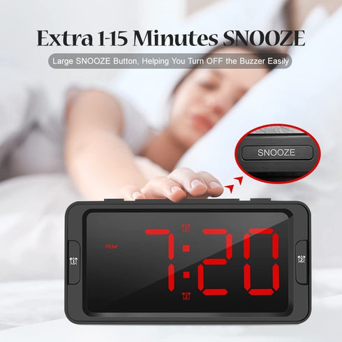 Digital Alarm Clock, LED Electronic Clocks with White&Red Colors Switching Alarm Clock for Heavy Sleepers Adults with 30-100dB Adjustable Volume and 0-100% Brightness ,USB Charger