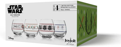 JoyJolt Star Wars„¢ Ugly Sweater Stemless Glasses. Set of 4 Large 15oz Stemless Glass Drinking Glasses, Star Wars Kitchen Glasses. Star Wars Gifts for Men or Women, Star Wars Collectibles for Adults