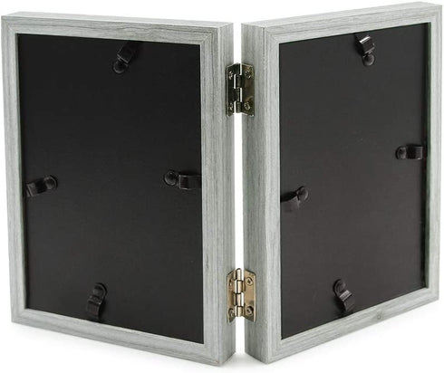 Afuly Rustic Double Picture Frame 4x6 Dual Grey Photo Frames Wooden Hinged Folding Vertical 2 Openings Unique Wedding Gifts