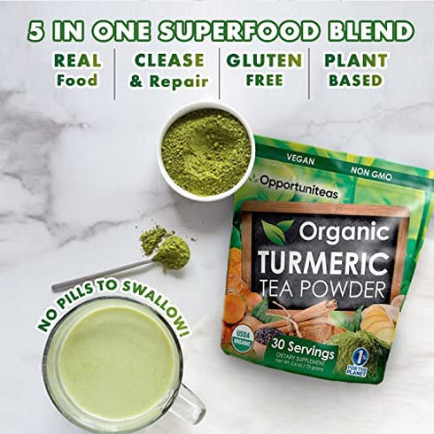 Organic Turmeric Tea Powder - Matcha Green Tea, Turmeric, Cinnamon, Ginger, Black Pepper - Natural Joint Support Supplement for Juice, Smoothie & Drinks - Vegan & Non-GMO - 30 Servings