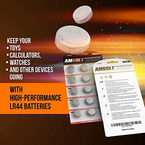 AmVolt- Pack of 15 LR44 Batteries AG13A76 Battery, Premium Alkaline Ultra Power Non Rechargeable Button Battery, 1.5 Volt Small Batteries for Remotes Games Controllers Toys & Electronic Devices