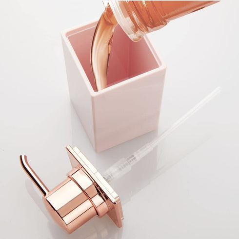 mDesign Square Plastic Bathroom Vanity Countertop Accessory Set - Includes Soap Dispenser Pump, Divided Toothbrush Holder, Tumbler Rinsing Cup, Soap Dish - 4 Pieces - Light Pink/Rose Gold