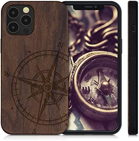 kwmobile Wood Case Compatible with Apple iPhone 12 Pro Max - Phone Case with TPU Bumper - Navigational Compass Dark Brown
