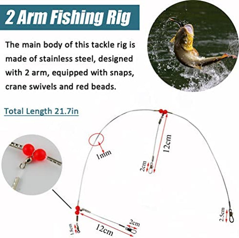 Fishing Leaders Tackle Rigs 12PCS High Strength Wire Trace Leader 2 Arm Fishing Rigs with Swivels Snaps Beads Fishing Line Tackle for Lures Bait Hooks Rig
