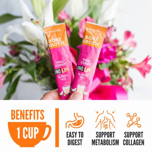 LonoLife - Thai Curry Beef Bone Broth Sticks - 10g Collagen Protein - Grass-Fed, Gluten-Free - Keto & Paleo Friendly - Portable Individual Packets - 4 count