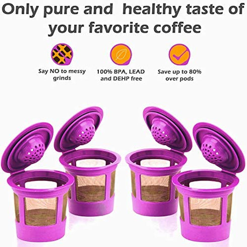 4 Reusable K Cups for Keurig K-Classic, K-Elite, K-Select, K-Cafe, K-Compact, K200, K300, K400, K500, Refillable Kcups Coffee Filters for 2.0 and 1.0 Brewers