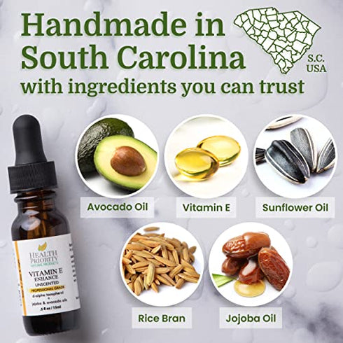 Organic Vitamin E Oil for Skin & Scars |100% Pure Natural Vitamin E Serum Hand Made in South Carolina | 15000 IU Vitamin E for Face & Hair| Non-GMO, Gluten & Cruelty Free, Vegan | Unscented 0.5 Fl Oz