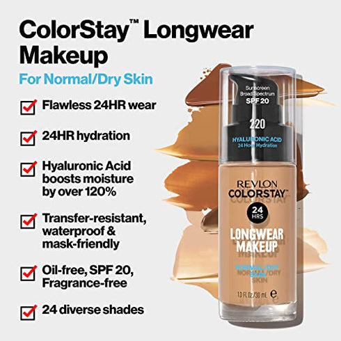 Liquid Foundation by Revlon, ColorStay Face Makeup for Halloween Makeup Kit, Normal & Dry Skin, SPF 20, Longwear Medium-Full Coverage with Natural Finish, Oil Free, 395 Deep Honey, 1 Fl Oz