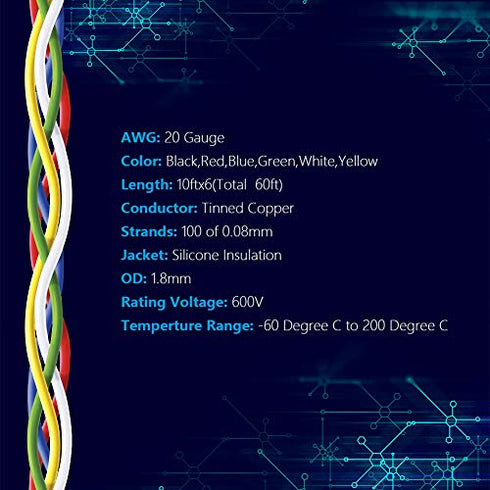 20AWG Stranded Wire Silicone Tinned Copper Wire 20 Gauge Electronic Hook up Electrical Wire 6 Colors 10Ft Each Automotive Wire from Fermerry