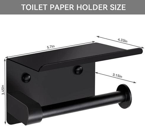 Toilet Paper Holder, CUPAN Adhesive Toilet Paper Holder with Shelf, Stainless Steel Wall Mounted Tissue Roll Paper Dispenser Holder, Washroom Bathroom Matte Black Toilet Paper Roll Holder