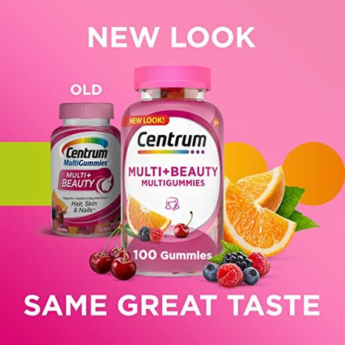 Centrum MultiGummies + Beauty Gummy Multivitamin for Women, Hair Skin and Nails Vitamins with Antioxidants and Vitamins D3 and B , Cherry/Berry/Orange Flavors - 100 Count