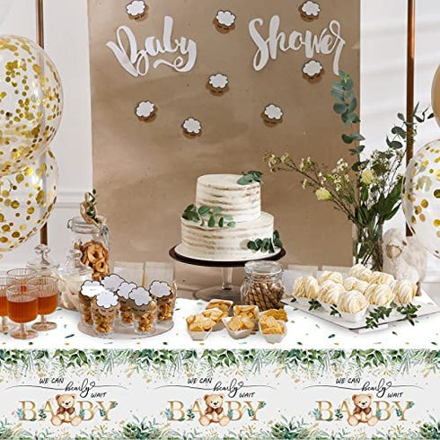 Bear Baby Shower Tablecloth Plastic Teddy Bear Table Cover We Can Bearly Wait Baby Party Decorations Greenery Leaves Table Cover for Baby Shower Kids Birthday Party Supplies, 54 x 108 Inch (1 Pack)
