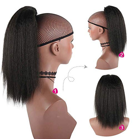YITI Medium Long Afro Kinky Straight Drawstring Ponytail Extension for Black Women,Light Yaki Curly Clip in Ponytail High Temperature Synthetic Hairpieces(Black)